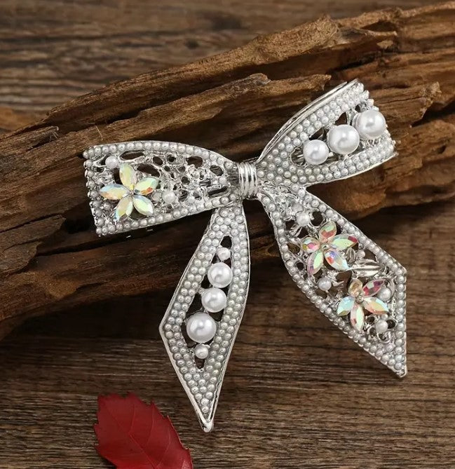 Crystal and Pearl Bow Shaped Barrette