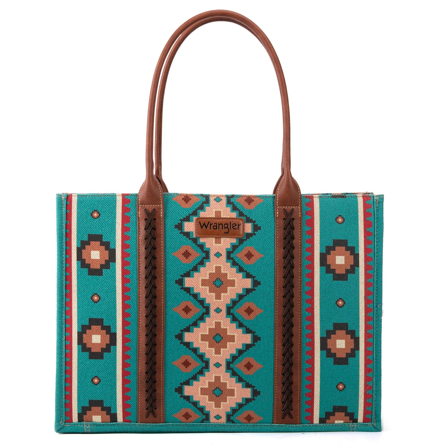 Montana West - Wrangler Southwestern Pattern Dual Sided Print Canvas Wide Tote Turquoise