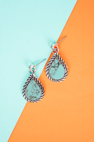 Silvertone Rope Framed Turquoise Teardrop Earrings