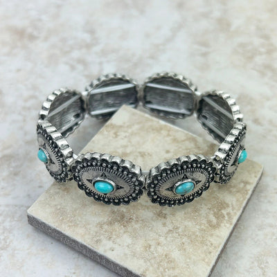 Southwest Style Silver Natural Stone Concho Stretch Bracelet