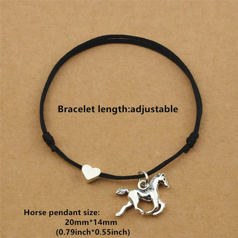 Running Horse Pendant & Heart Charm Bracelet (Black or Red)