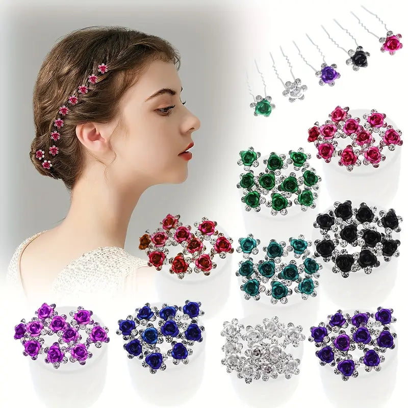 Rhinestone Flower Hairpins (Multiple Colors Available)