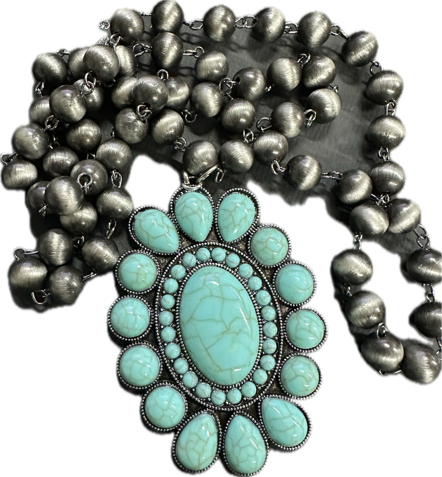 Onyx Beads with Turquoise Flower Pendant Necklace - 32"